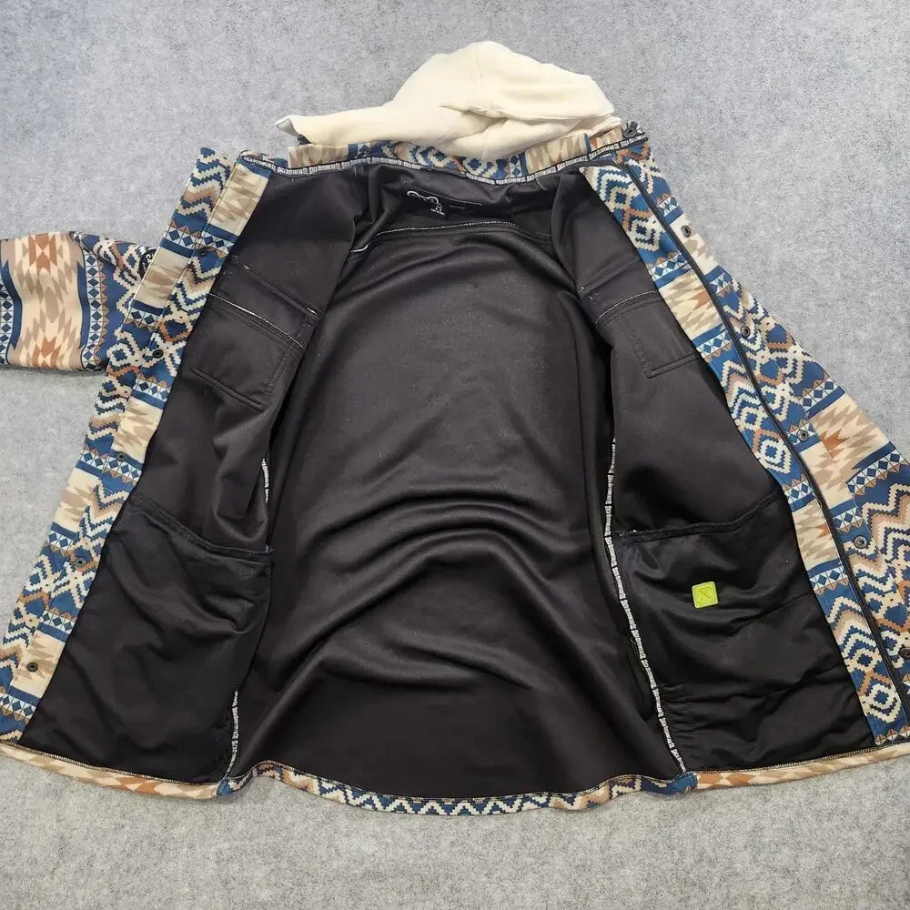 Saga Outerwear Jacket Mens Medium Aztec‎ Print Hooded Snowboard Ski Tan Navy